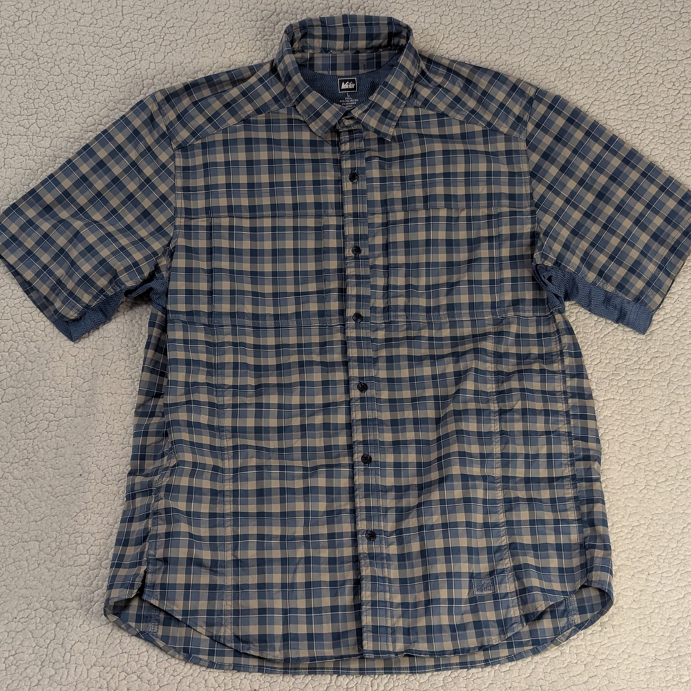 REI Men's Navy and Beige Plaid Button Down Shirt